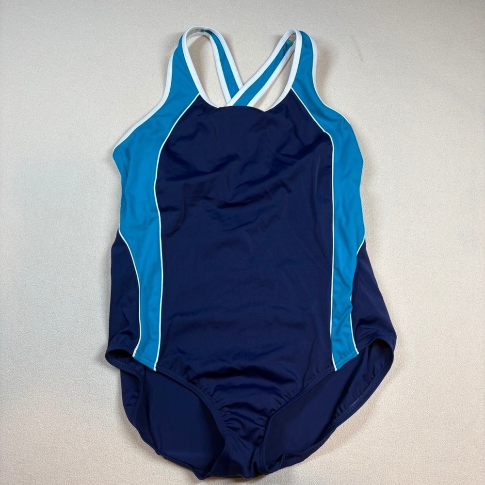 NWOT Lands End Women One Piece Swimsuit 14P Blue Shelf Bra Swim Pool‎ Beach